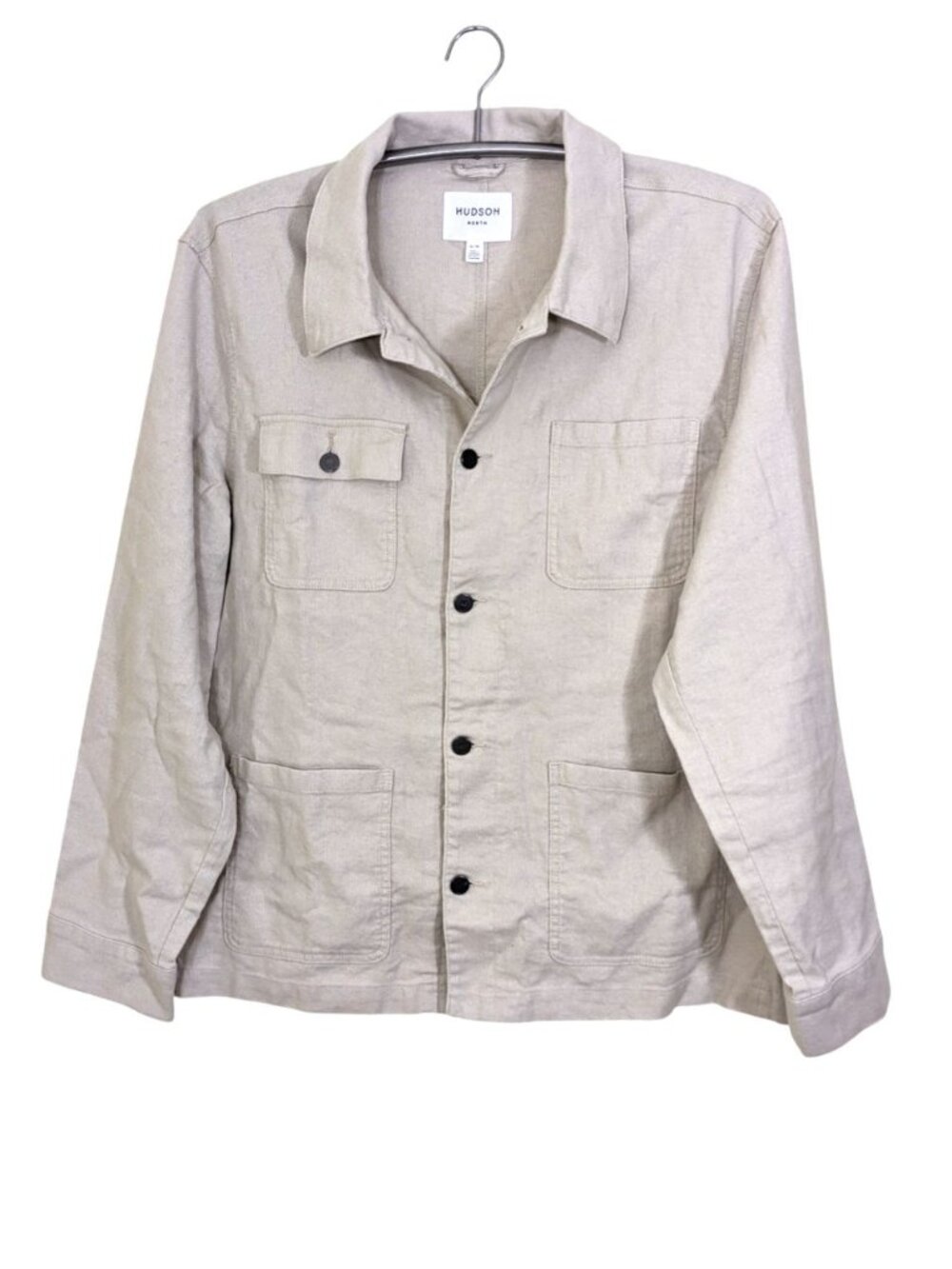 Mens Linen Cotton Button Up Shirt Jacket Shacket Beige XL Pockets Casual Natural